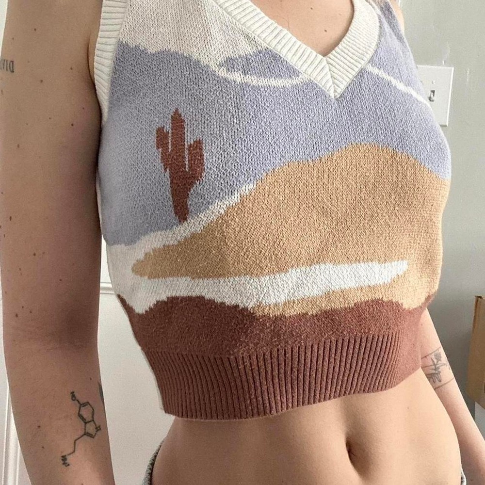 Hollister Western Cropped Sweater Vest Desert Cactus Cotton V-Neck Multi Small